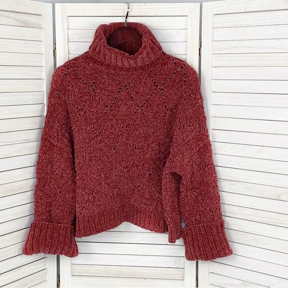 POL Chenille Chunky Knit Turtleneck Crop Pullover Maroon Red Medium - Picture 8 of 13